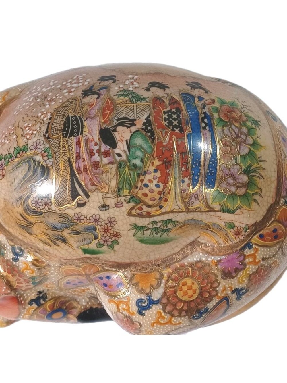 Vintage Japanese Satsuma Sleeping Cat Cloisonne Moriage Gold Accents Geishas But - Picture 10 of 12